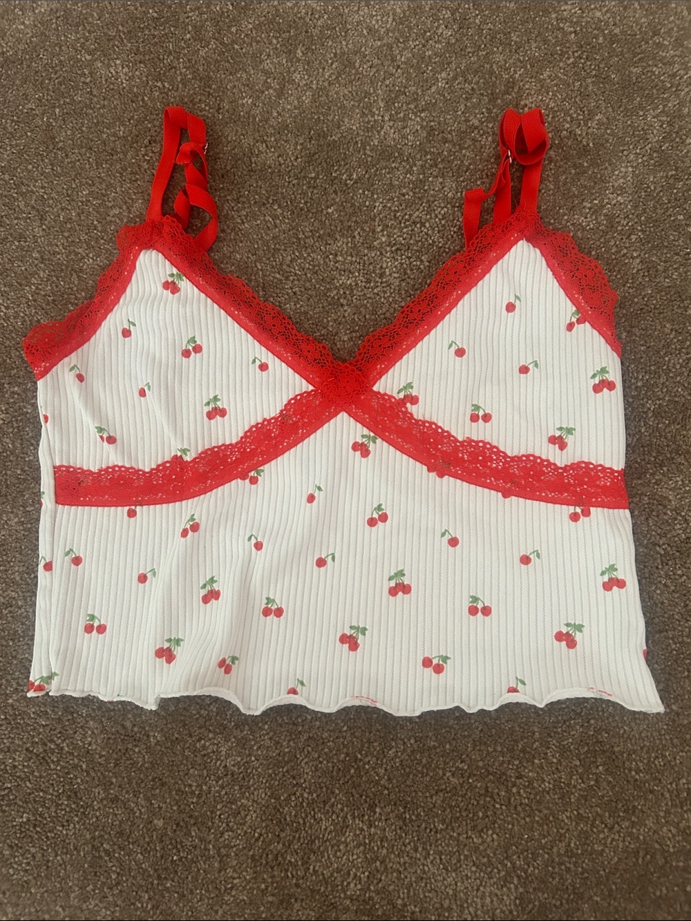 H&M White Ribbed Camisole with Red Cherry Print and Red Lace